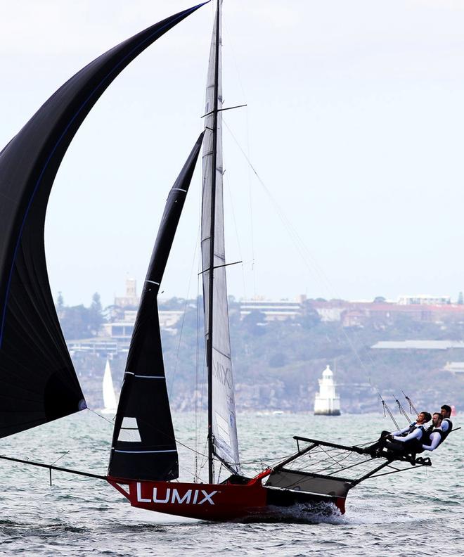 Race 7 – Panasonic Lumix crew drive their skiff to the finish line to take out the 18ft Skiffs Spring Championship ©  Frank Quealey / Australian 18 Footers League